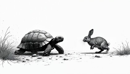Fototapeta premium Tortoise advances slowly toward energetic bunny. Sketch art shows reptile and mammal facing off on stony ground with sparse grass. Monochrome drawing depicts speed contrast and determination.