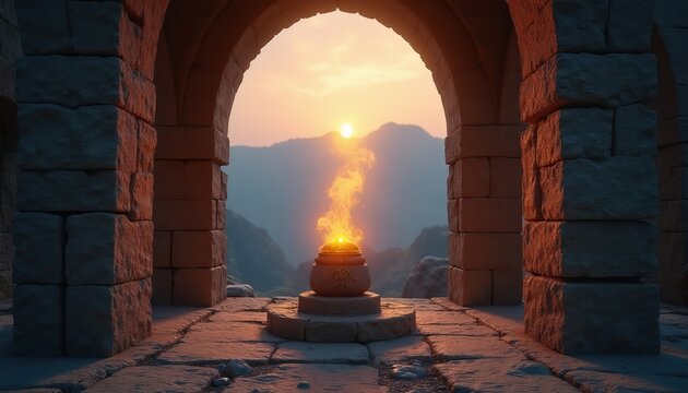 Ancient stone arches frame a sacred fire altar at sunrise. Mountains rise in background haze. Spiritual ambiance of ancient worship site. Religious devotion.