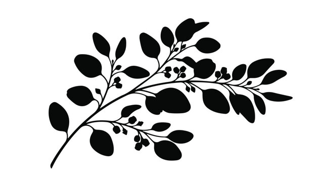 Black silhouette of leafy branch with leaves on white background, nature, botanical, minimalist, decorative, elegant, simple, icon, symbol, graphic, design element