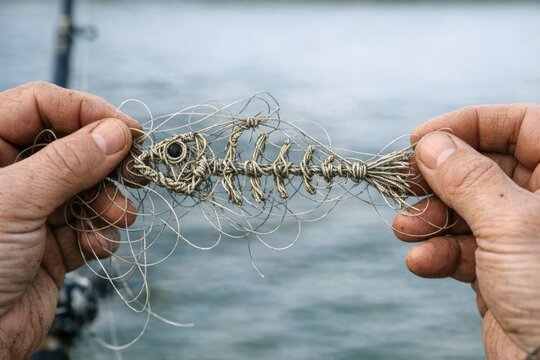 A person grasping a length of string, possibly used for pulling or tying something