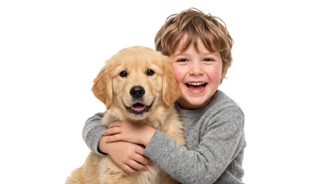Happy boy hugging a golden retriever puppy 
