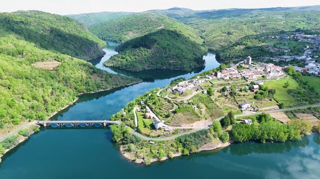 Aerial view of viana do bolo village and river