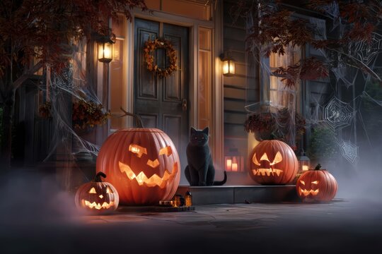 Mysterious illuminated pumpkin display. Haunted lanterns cast eerie light amidst mist. Ghostly carved gourds illuminate mysterious foggy landscape with unsettling aura