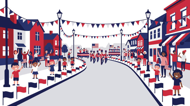 A vibrant flat design vector illustration showcasing a joyful community street parade with cheering crowds and a marching band, celebrating a festive national holiday