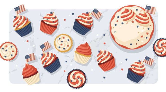 Vibrant vector illustration of festive red, white, and blue frosted cupcakes and a celebratory cake with sprinkles, perfect for joyful events