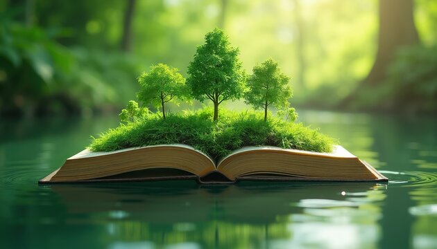 Open book with trees and grass floating on water surface. Nature knowledge growth, ecology education, environmental concept. Green forest background, peaceful scene.