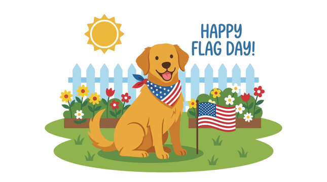 Happy Flag Day illustration featuring a golden retriever dog wearing a bandana and sitting next to a small American flag