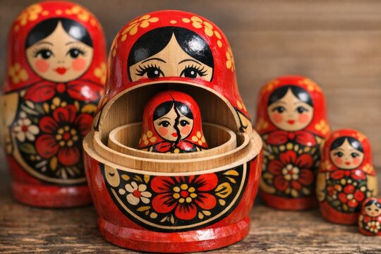 Group of Russian nesting dolls arranged on a table, showcasing their unique designs and colors