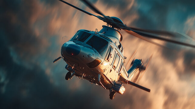 Dynamic close-up view of a modern helicopter in flight against a dramatic sunset sky with motion blur and cinematic lighting. Ideal for aviation, transportation, rescue, military, and technology conce