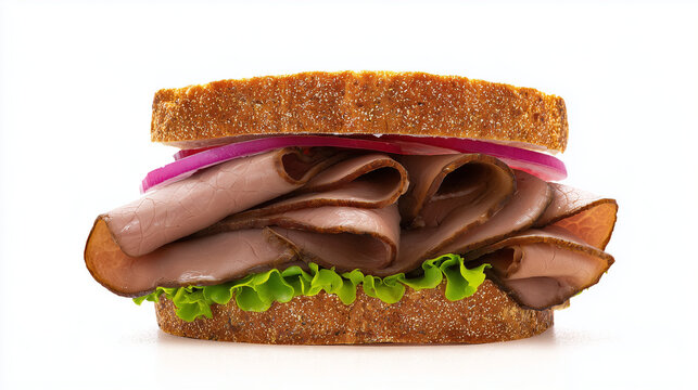 Fresh roast beef sandwich with lettuce and red onion on rustic bread isolated on a clean background. Perfect for deli menus, restaurant advertising, food blogs, and gourmet lunch concepts.