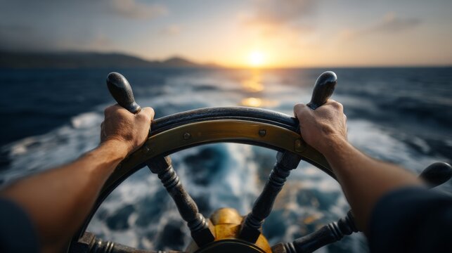 Captivating View from the Helm of a Ship at Sunset on the Coast