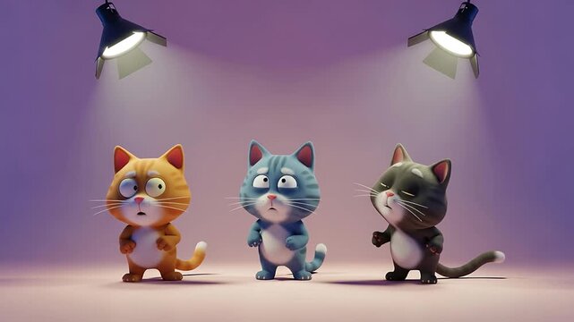Three cartoon cats perform under stage lights. Each cat shows unique expressions and poses. The orange, blue, and gray felines appear lively and energetic