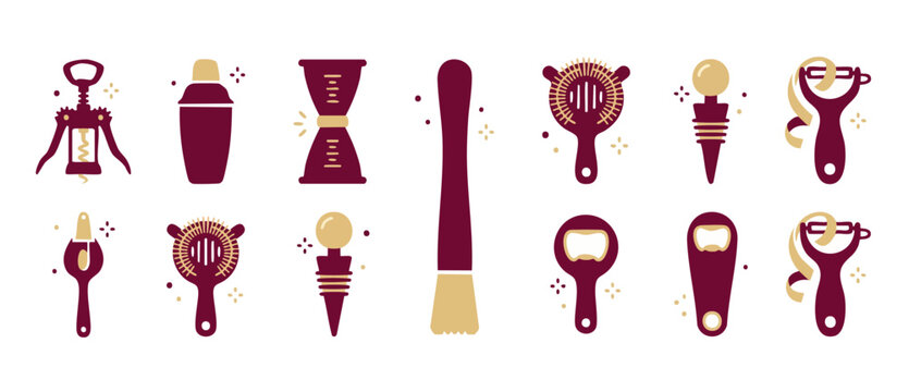 Cocktail Bar Tools Set Icons, Bartender Equipment Collection for Mixing Drinks, Professional Barware Accessories for Restaurant Pub Menu Design, Vector Flat Design Elements on White Background Isolate