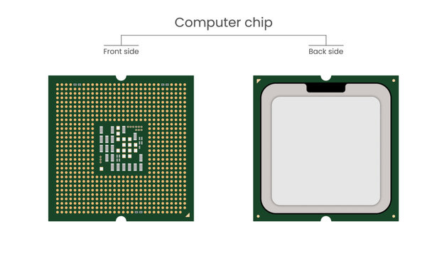 Computer chip vector illustration, front and back side isolated on white background
