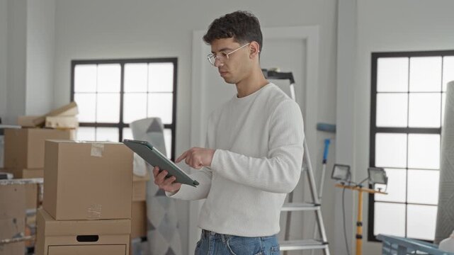 Man points finger to tablet while checking stacked moving boxes in a building; concentration organization.