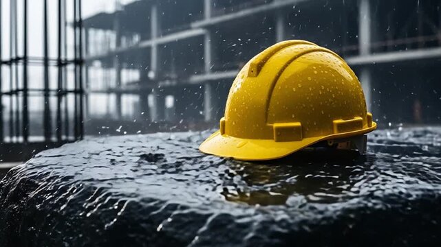 Yellow hard hat sits in rainwater. Raindrops splash on wet surface below. Construction site looms in background. Worker's safety gear stands ready for duty. Weathered scene shows resilience in labor