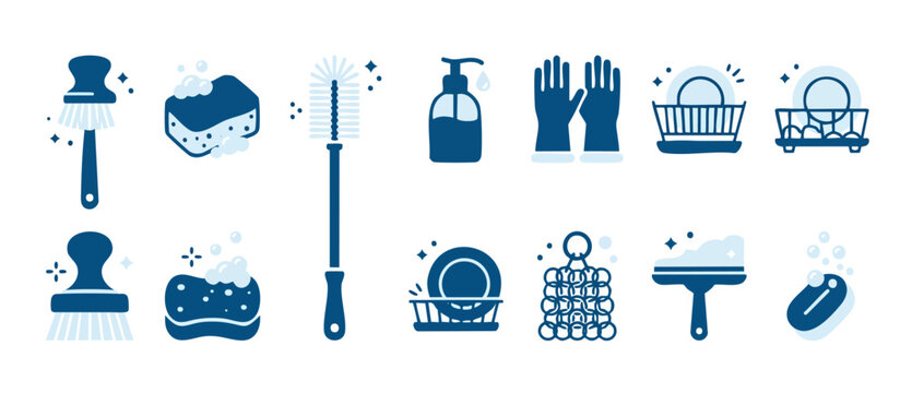 Kitchen Cleaning Icons Set with Dishwashing Tools and Supplies for Home Maintenance and Sanitation, Flat Vector Illustration of Scrub Brushes, Sponges, Soap, Rubber Gloves, and Dish Drying Racks