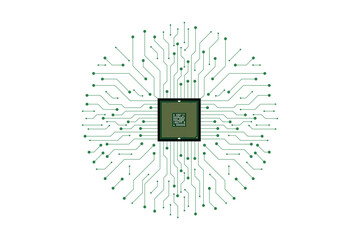 Circular circuit board with central microchip and radiating green lines, representing interconnected digital technology © UniQ Arts