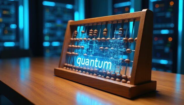 Wooden abacus with glowing quantum circuit hologram. This image blends old calculation tool with new tech. It sits on a table in a server room.