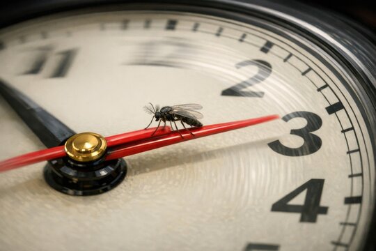 A detailed shot of a clock face with a small fly sitting on the surface, offering a unique perspective