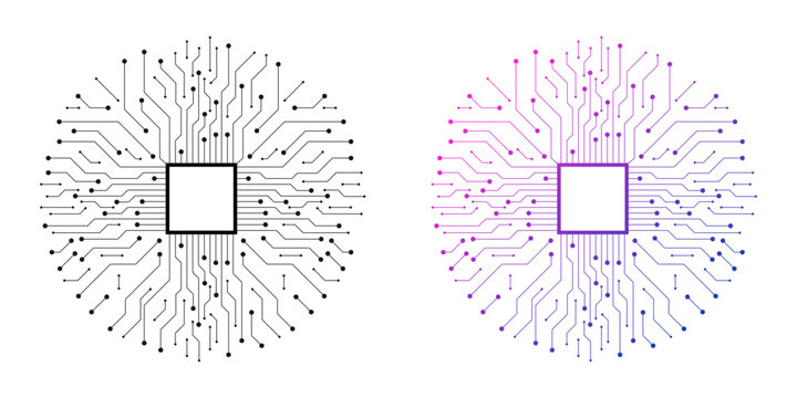 Abstract futuristic microchip with circuit board connections on transparent background, digital technology concept