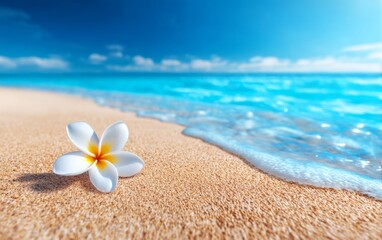Fototapeta premium Serene Tropical Beach Scene with a Small White Flower on Sand