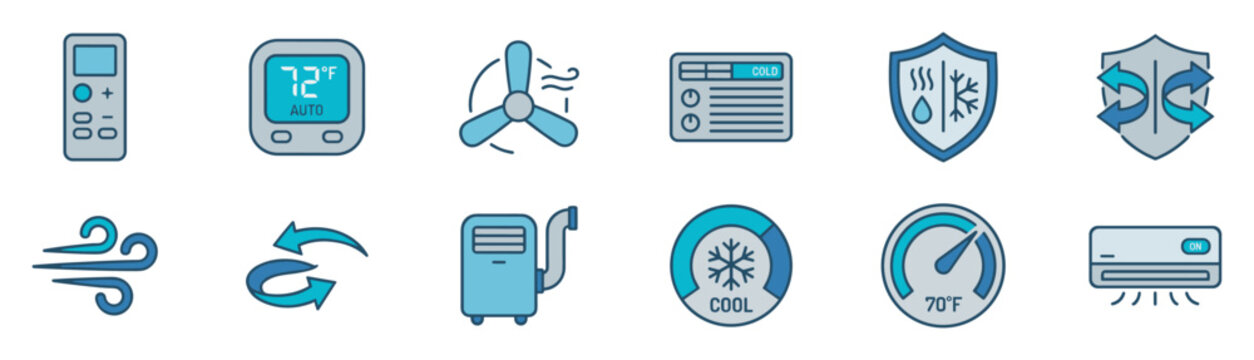 Air conditioning and climate control color outline icons with thermostat, fan, airflow and cooling system symbols on transparent background
