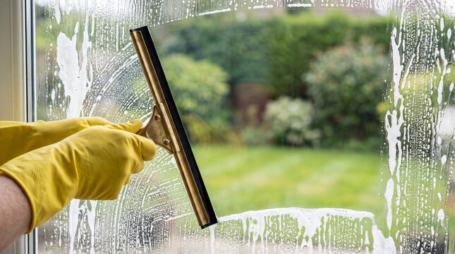 Cleaner using squeegee to wash glass window with soapy foam. Professional window cleaning service for home maintenance. Manual labor task for clear transparency and household hygiene.