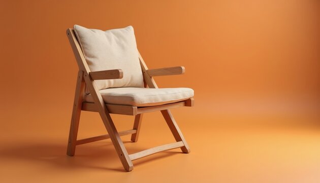 Wooden folding chair with beige cushion sits on orange backdrop. Simple, portable furniture piece for modern spaces. Adds warmth and comfort.