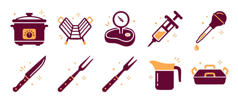 Cooking and Barbecue Icons Set, Kitchen Utensils for Meat Preparation and Grilling, Modern Flat Vector Symbols for Food Recipes, Roasting Tools, Thermometer, Injector, and Slow Cooker Illustration
