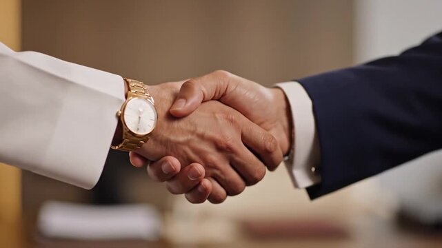 Closeup Executive And Investor Handshake, Firm Grip Across Conference Table, Gold Watch On Wrist, Suit Sleeves, Warm Office Lighting, Contract Finalization Mood, Professional Closure, Blurred