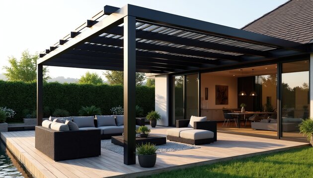 Modern pergola covers outdoor patio with grey furniture and wood deck. Large windows open to dining room inside luxury home. Green garden surrounds property.