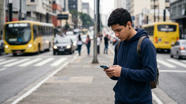 Jovem utilizando celular enquanto caminha distra&iacute;do na cal&ccedil;ada de S&atilde;o Paulo destacando riscos e import&acirc;ncia da aten&ccedil;&atilde;o no tr&acirc;nsito durante campanha Maio Amarelo