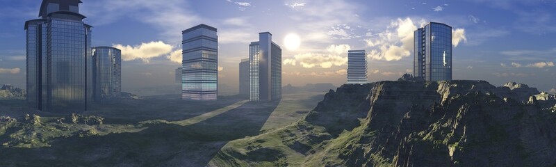 City among hills, skyscrapers on green hills, high-rise buildings on the horizon, panorama of skyscrapers, 3D rendering © ustas