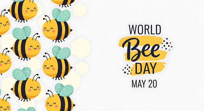 World Bee Day Celebration: Delightful animated bees decorate a poster announcing World Bee Day on May 20th, promoting awareness of the vital role bees play in the ecosystem.
