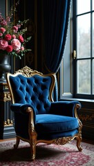 Obraz premium Plush blue velvet armchair with ornate gold trim sits in dimly lit room. Tall dark curtains frame window, with vase of pink roses nearby. Elegant furniture piece evokes old-world charm, luxury. Rich