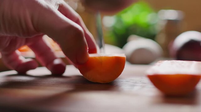 A knife slices along a carrot on a wooden cutting board. Preparing fresh vegetables for a delicious roasted Sunday roast. Simple home cooking with wholesome ingredients