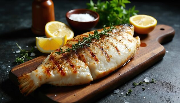 Whole grilled turbot fish served on wooden board with lemon slices and herbs. Chef prepares elegant seafood dish for fine dining restaurant. Healthy gourmet meal.