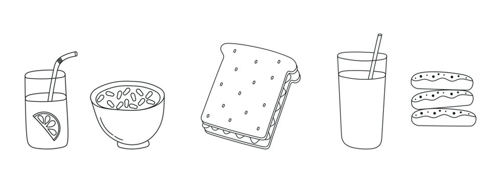 Breakfast food and drinks set. Vector line art illustration of a sandwich, cereal bowl, glasses of juice with straws, and cookies . Hand-drawn doodle collection isolated on white background.