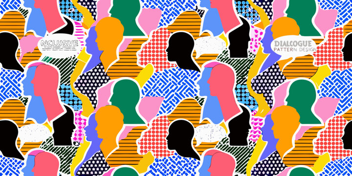 Diverse group silhouettes pattern vibrant repeating design with colorful backgrounds