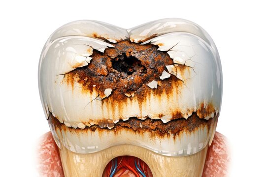 A close-up view of a tooth with a hole, useful for dental or medical illustrations