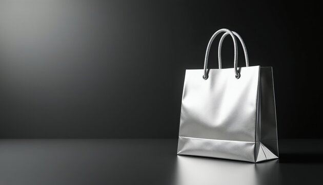 A sleek silver shopping bag with rope handles sits against a dark, moody background, perfect for luxury brand promotions and retail mockups. Clean design, minimalist aesthetic, modern feel.