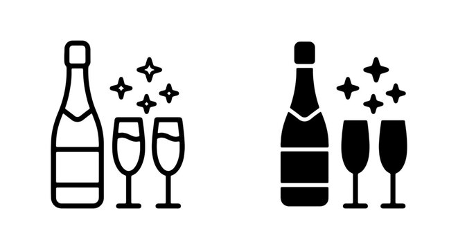 Champagne, wine bottle, glasses icons, celebration symbols, party graphics