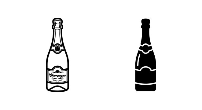 Champagne, bottle icons, wine illustrations, black and white, vector graphics