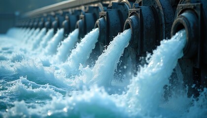 Obraz premium Hydropower plant water outlets releasing strong streams of water. Powerful flow from turbines creating turbulent water in reservoir. Industrial energy generation.