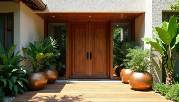 Modern house entrance with double wood doors flanked by large potted tropical plants. Wooden deck path leads to home entry. Warm sunlight creates natural shadows on the floor.