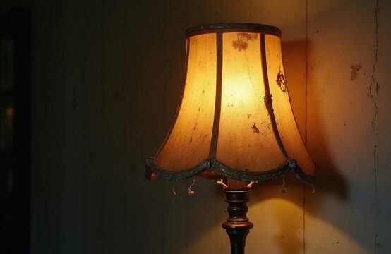 Old dirty lamp with lit bulb casts warm glow. Fabric shade shows wear and tear, moth damage. Interior decor object for vintage home setting. Light source provides mood.