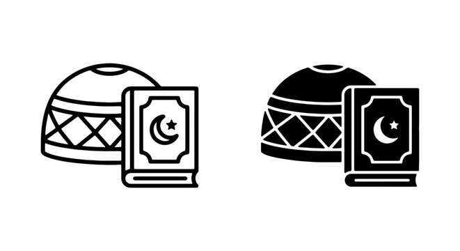 Islamic prayer cap and holy Quran book vector icons, Muslim religious symbols, traditional Kufi hat and sacred scripture, spiritual worship and cultural heritage graphics.