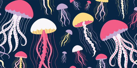 Obraz premium Vibrant jellyfish vector illustration on dark sea background for marine life concept or nursery textile
