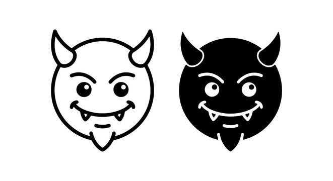 Vector Devil Icons, Cartoon Evil Faces, Black and White Demon Emoticons